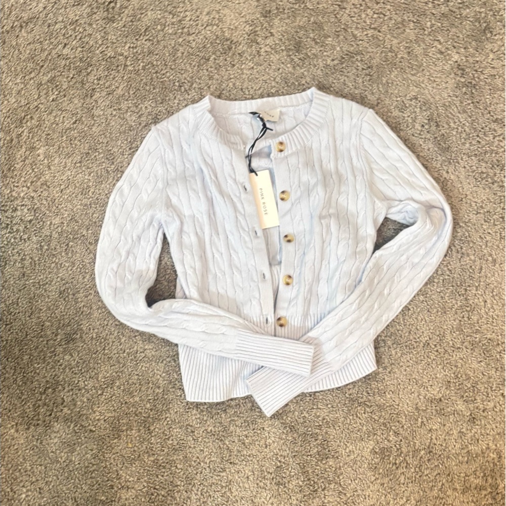 Pink Rose White Cable Knit Cardigan
